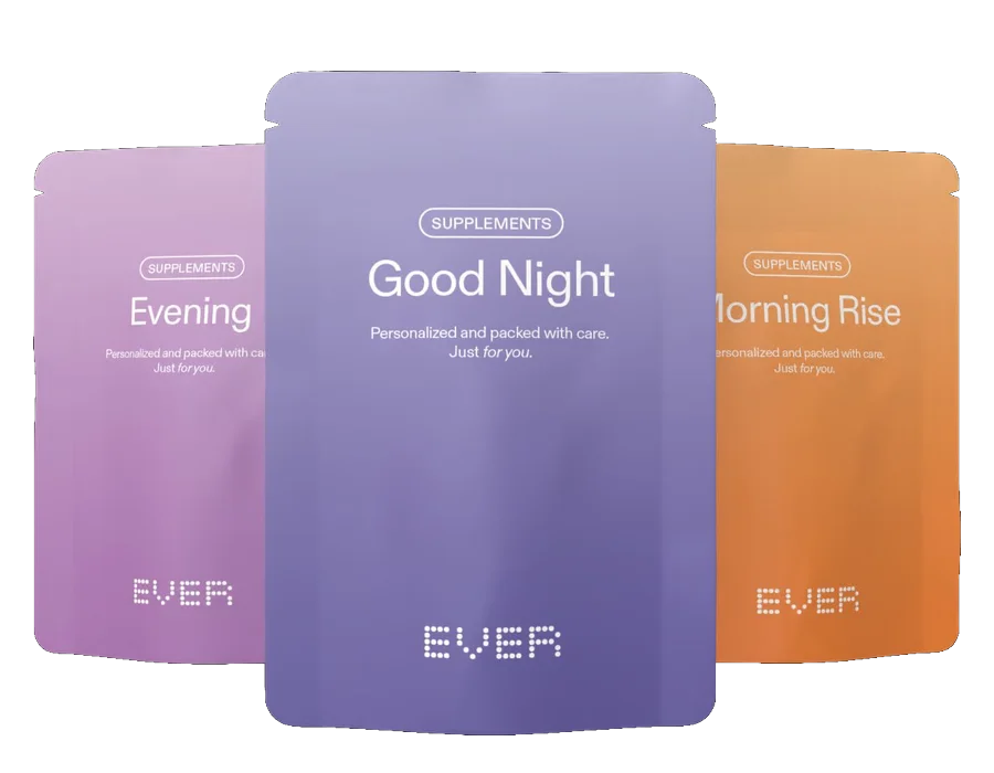 Three EVER Packs sachets for morning, evening and good night, side by side
