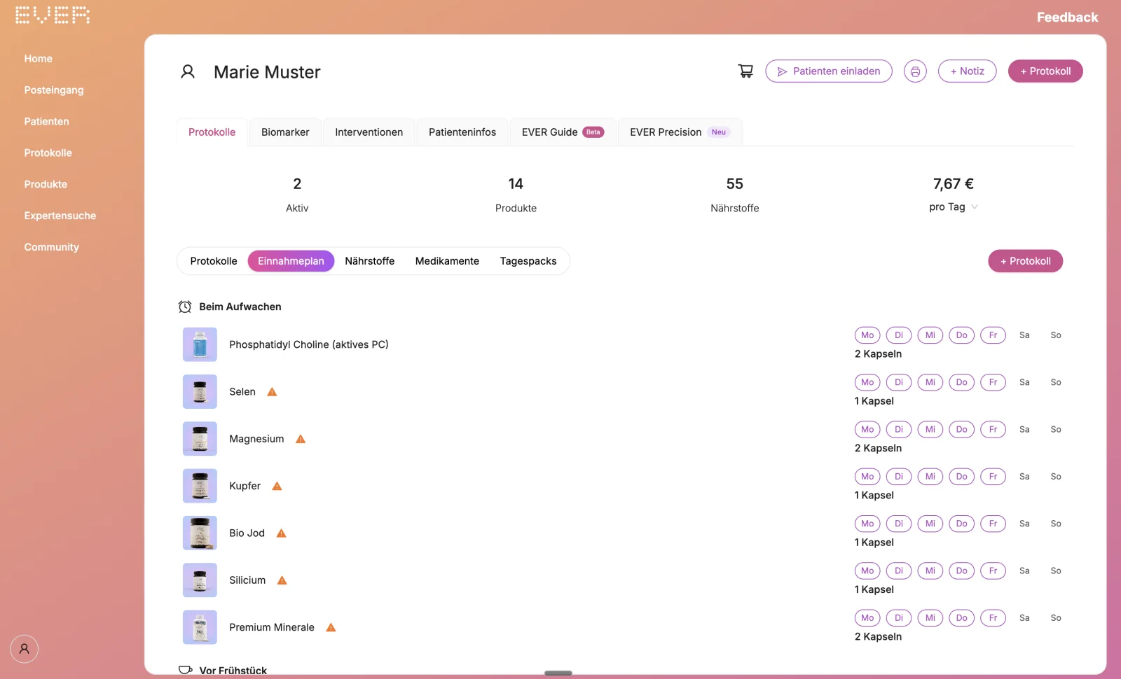 EVER app: intake plan with times and dosages