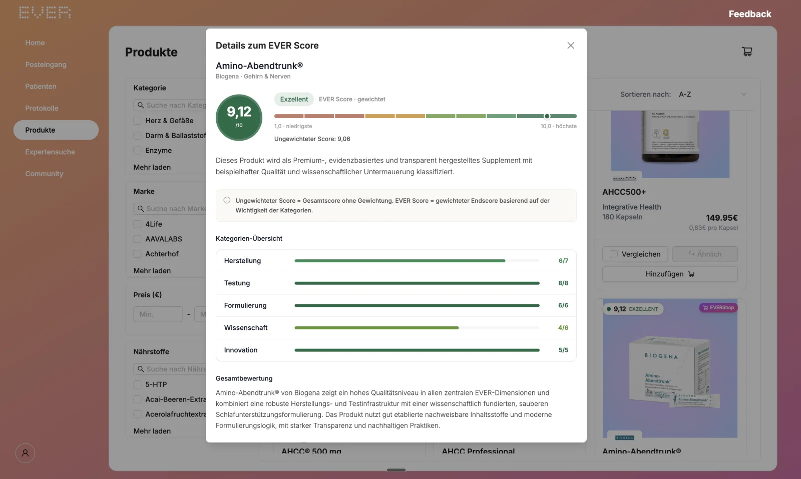EVER Score: a product rating with the overall mark and the five dimensions in detail