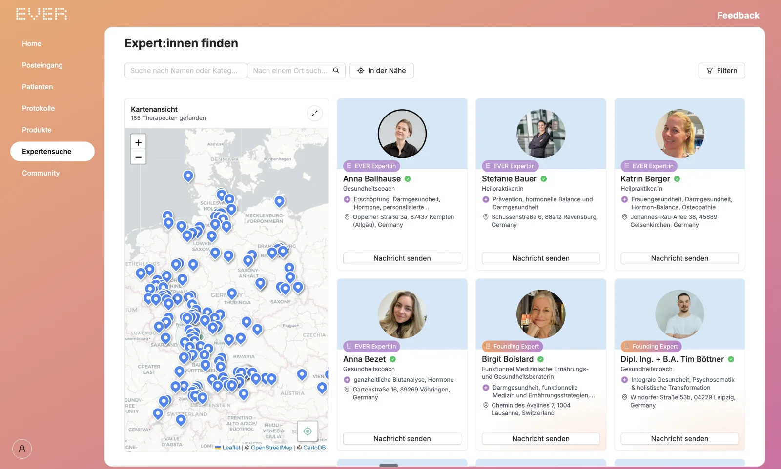 EVER Discover: searching for verified practitioners with profile cards and a map