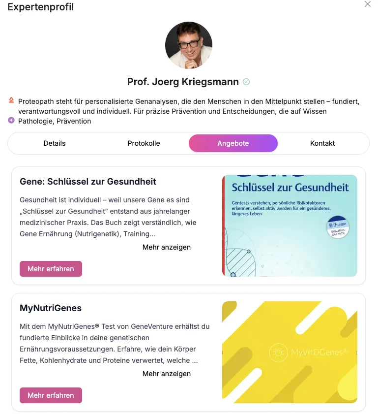 The services list of a practitioner profile with on-site treatments, diagnostics and online support