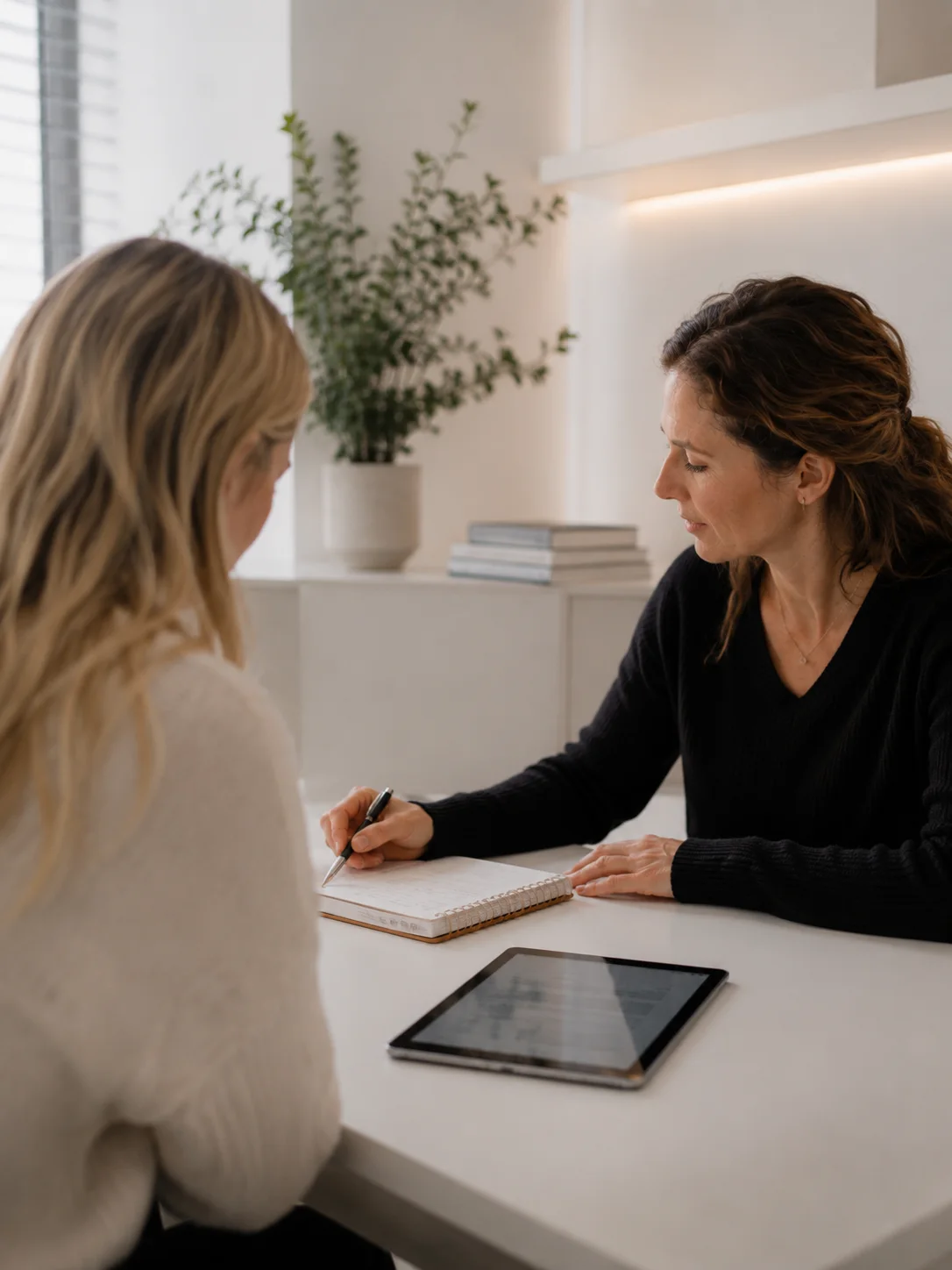 A consultation in a practice: practitioner and client at a table, with a tablet showing the EVER workspace