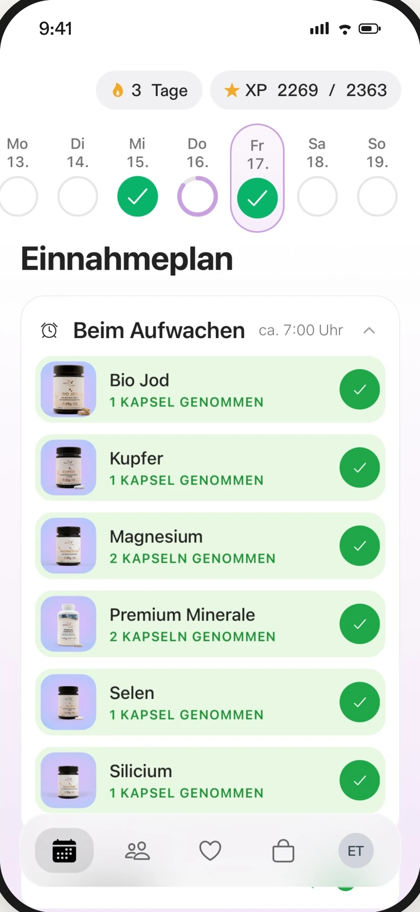 EVER app on a smartphone: the daily plan with intakes for morning, midday and evening
