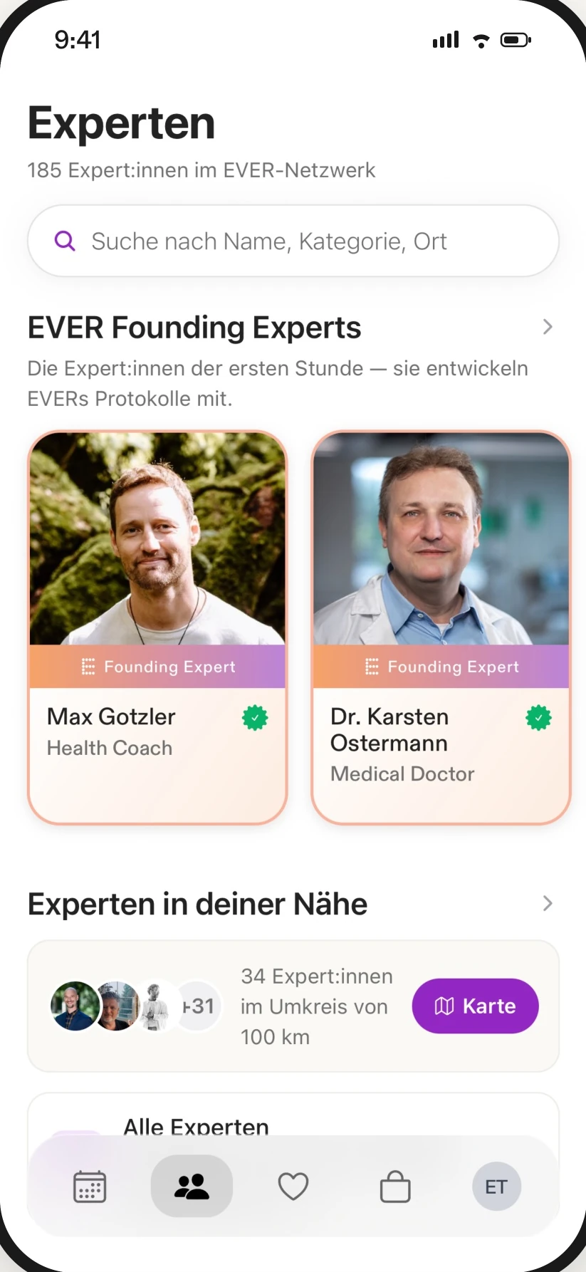 EVER app on a smartphone: searching for verified practitioners with profile cards
