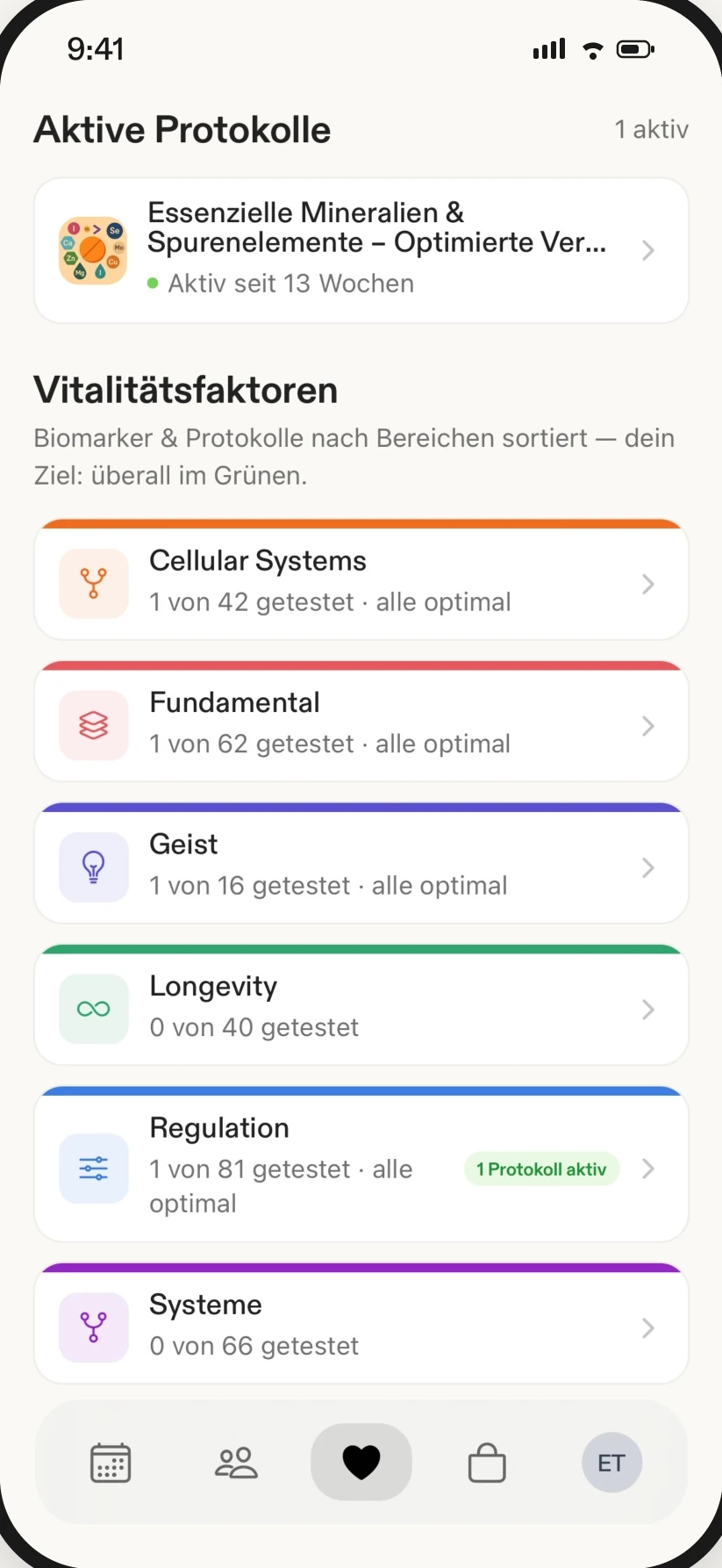 EVER app on a smartphone: the vitality overview with lab values and trend curves