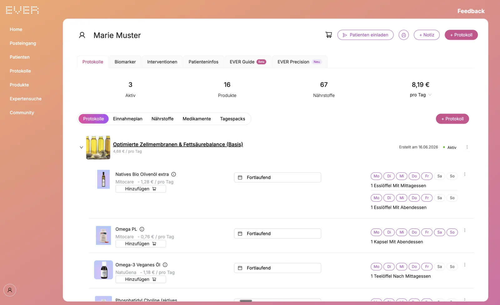 EVER Workspace: overview of clients with their lab values and the associated nutrition plans