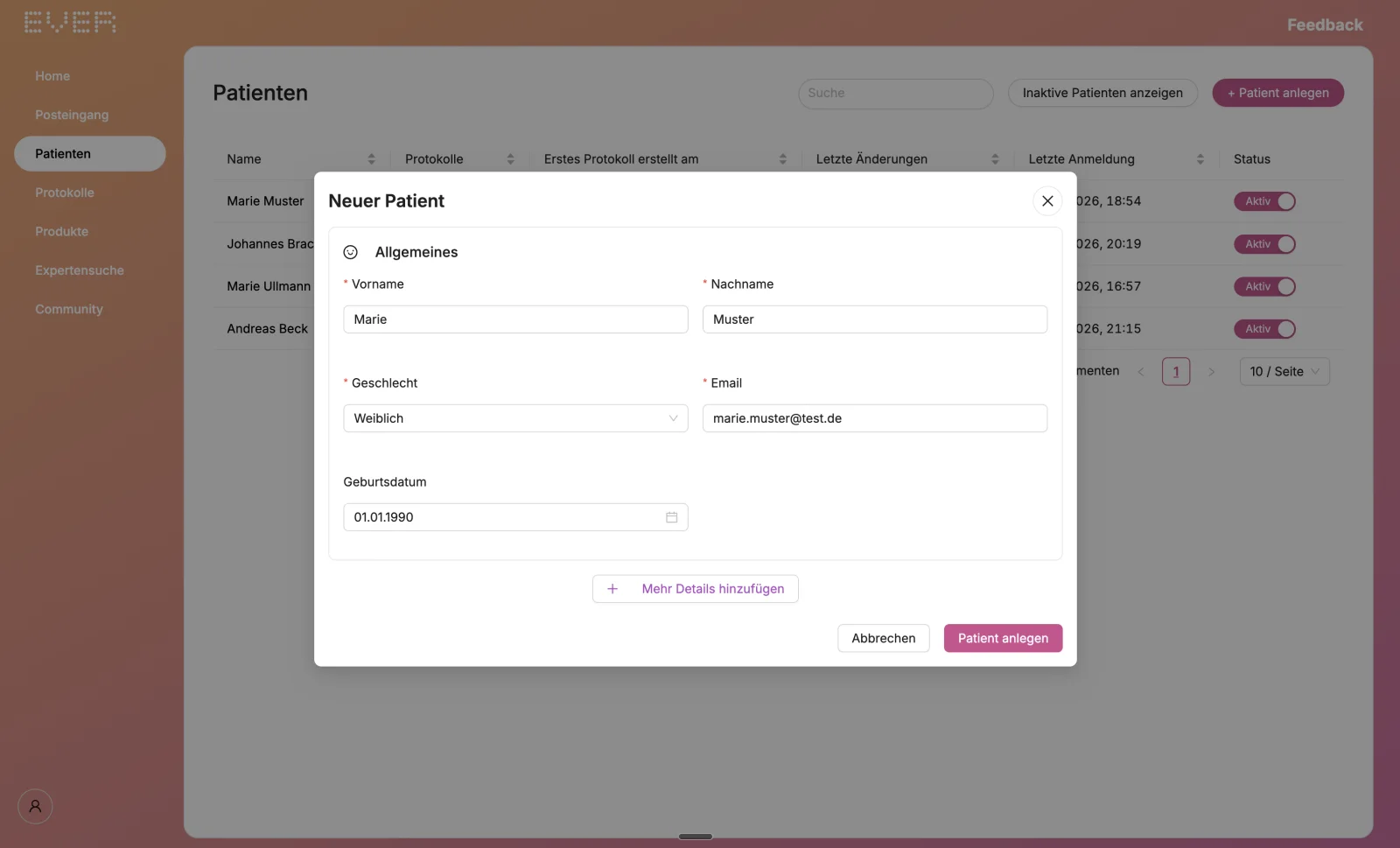 EVER Workspace: the “New patient” dialog with fields for first name, surname, gender, email and date of birth, the patient list behind it