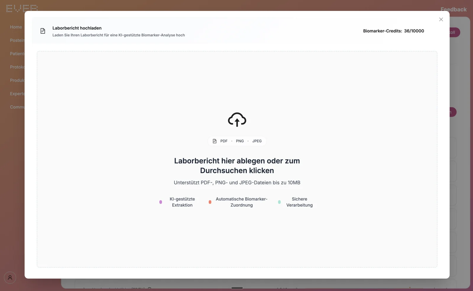 EVER Workspace: the “Upload lab report” dialog with a drop area for PDF, PNG and JPEG and the notes AI-assisted extraction, automatic biomarker assignment, secure processing