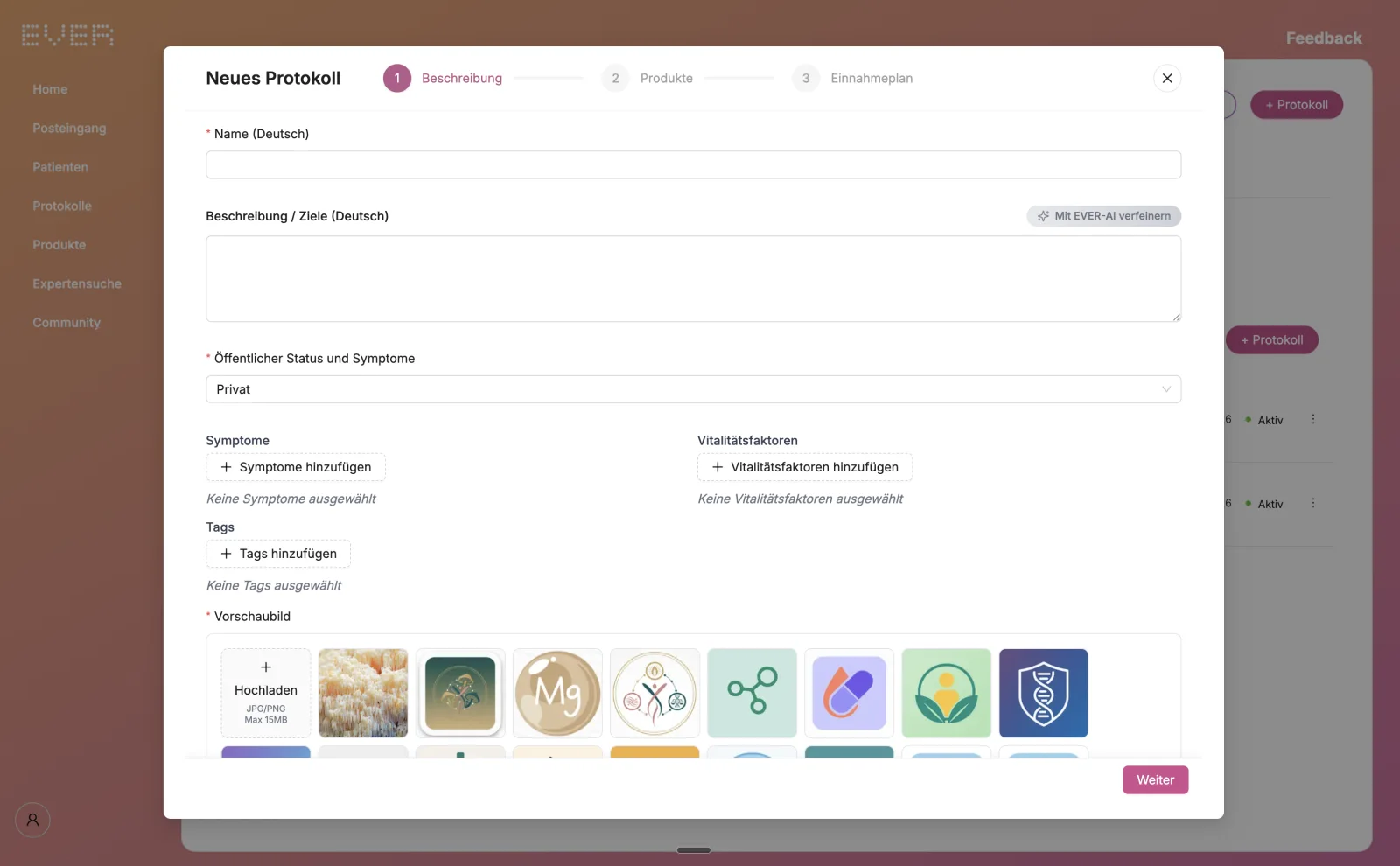 EVER Workspace: the “New protocol” wizard, step 1 description, with fields for name, goals, symptoms, vitality factors and a preview image