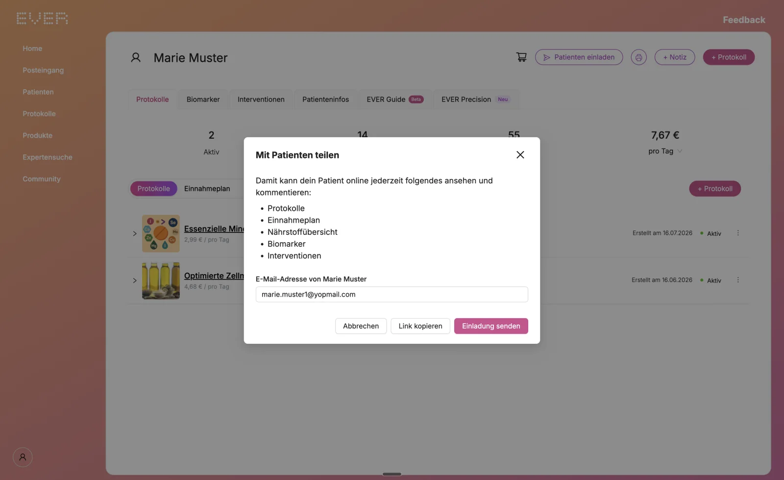 EVER Workspace: the “Share with patient” dialog listing what gets released — protocols, intake plan, nutrient overview, biomarkers, interventions