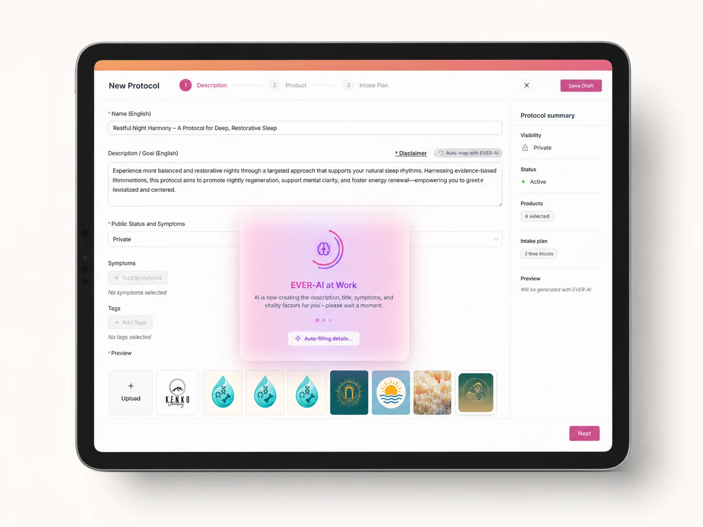 EVER Guide in the workspace: a nutrition plan in a structured view, biomarkers without personal data